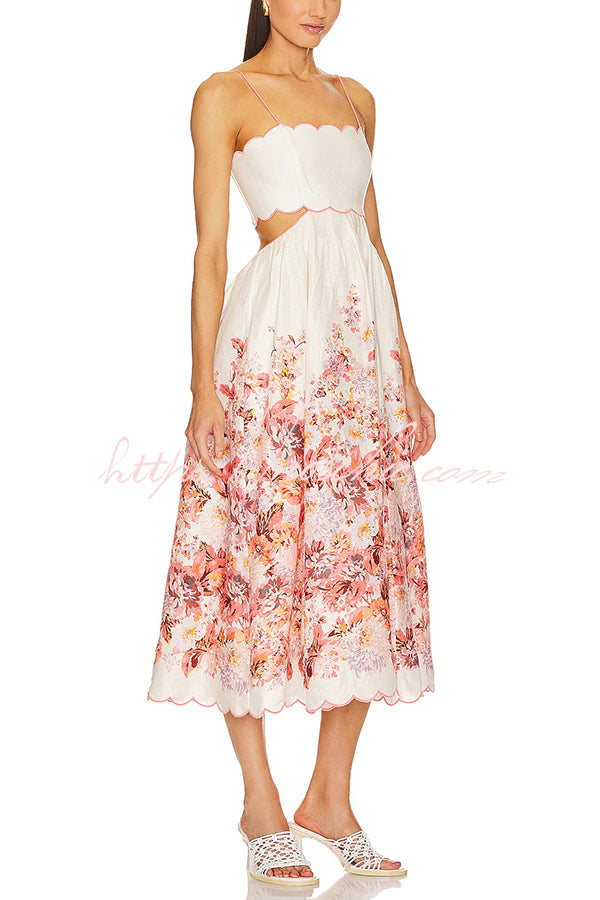 Cabo Sunsets Floral Print Petal Trim Back Lace-up Pocket Midi Dress
