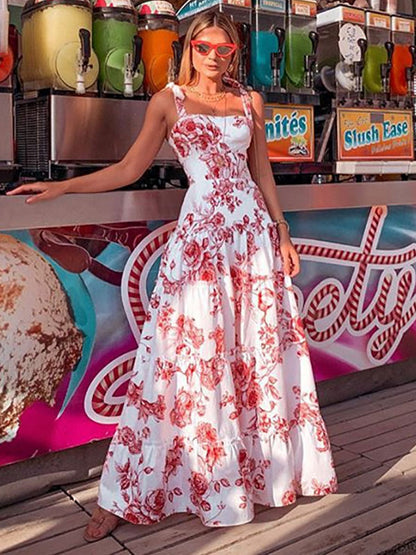 Maxi Dresses Sleeveless Red Floral Print Straps Neck Ruffles Layered Chiffon Long Dress
