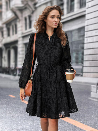 Floral Dress Midi Dress Long Sleeves Jewel Neck Classic Sash Medium Fall