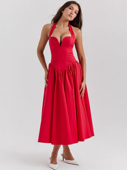 Corset Dress Halter Wide Strap Backless Party Midi Dresses In Solid Color