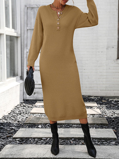 Long Sleeves Loose Buttoned Split-Joint Round-Neck Midi Dresses Sweater Dresses