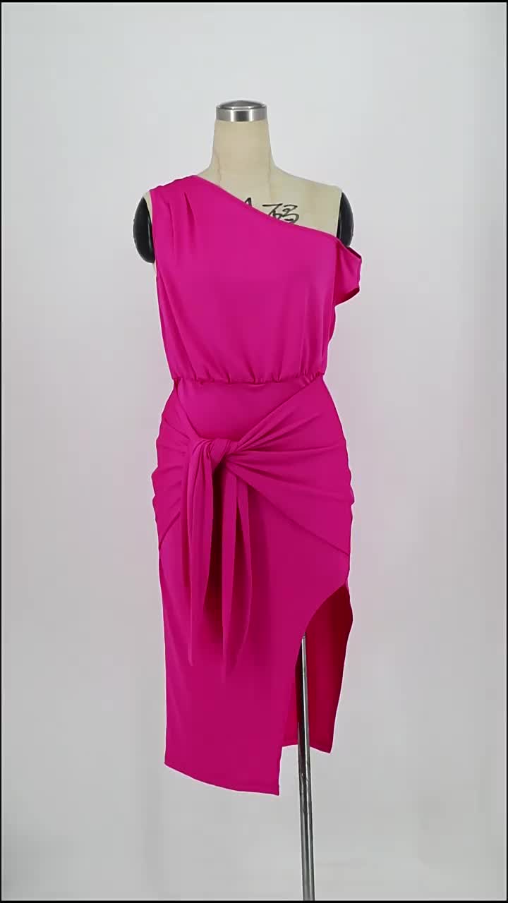 Party Dress One Shoulder High-Slit Pleated Knotted Coacktail Midi Dresses