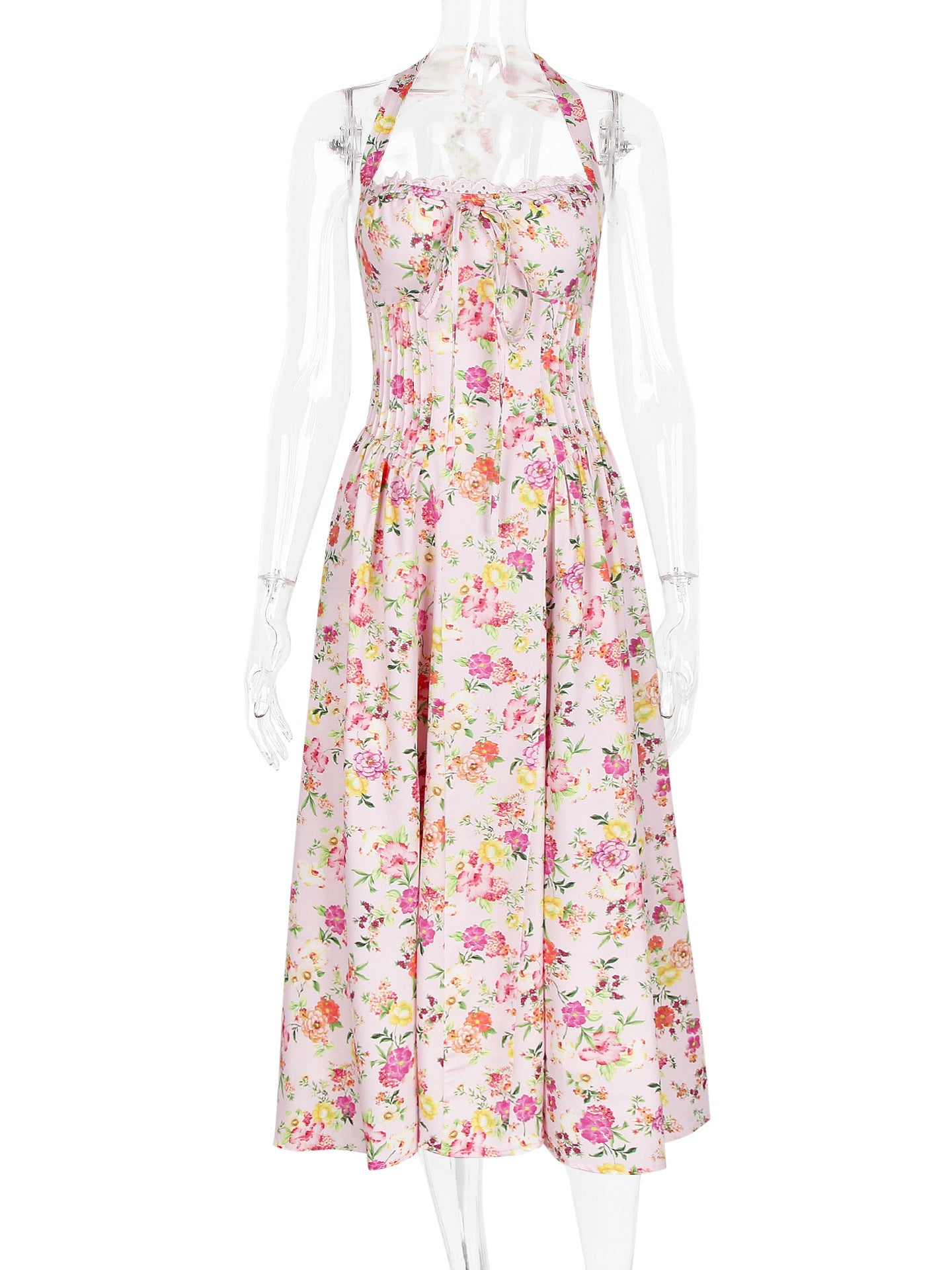 Corset Dress Floral Halter Lace Up Front Pleated Eyelet Trim Party Midi Dresses
