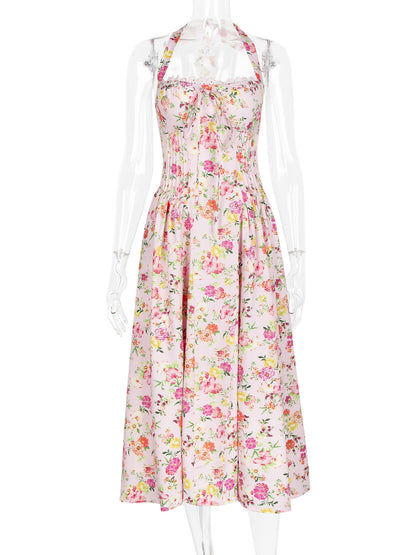 Corset Dress Floral Halter Lace Up Front Pleated Eyelet Trim Party Midi Dresses
