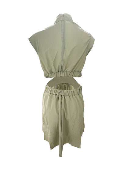Skinny Belly-Hollow Pleated Solid Color Stand Collar Mini Dresses