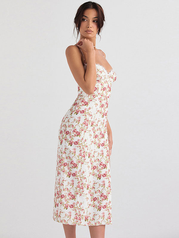Floral Print Lace Backless Bohemian Straps Neck Midi Dress