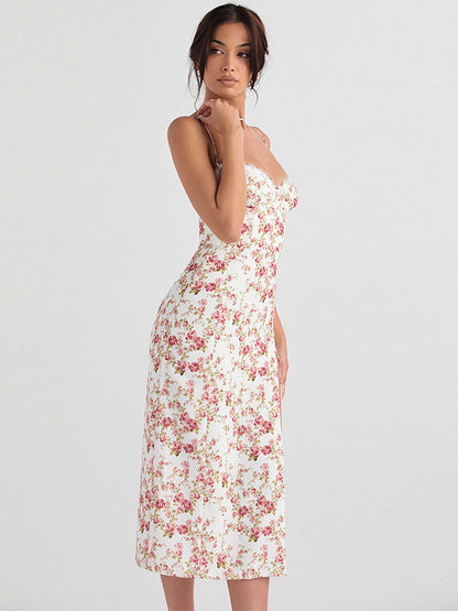Floral Print Lace Backless Bohemian Straps Neck Midi Dress