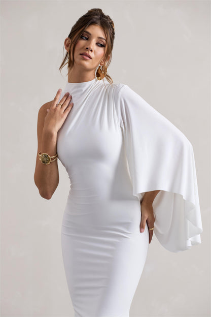 Cape Sleeve Solid Round Neck Midi Dress