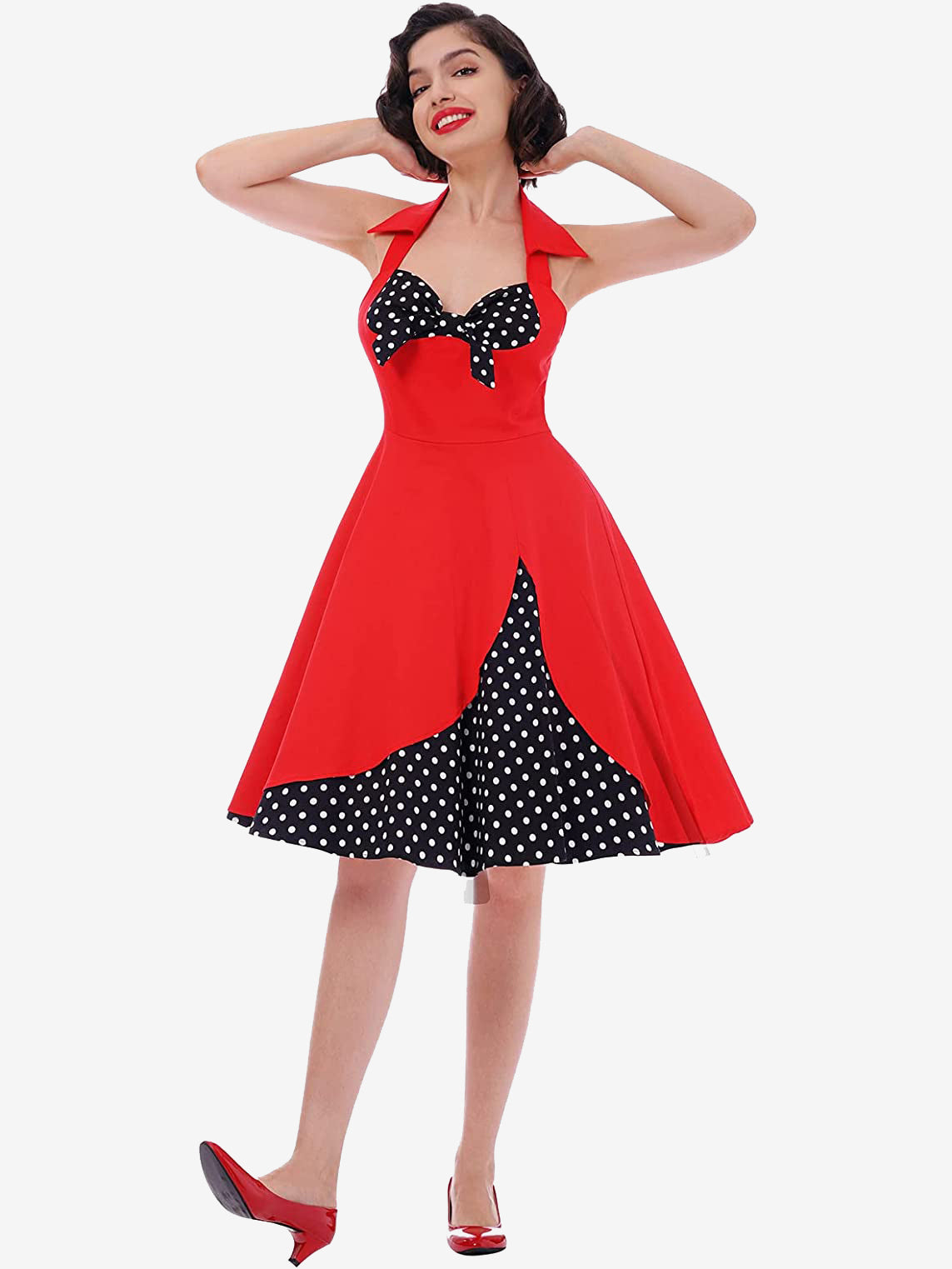 Red And Black Sexy Knot V Neck Halter Party Vintage Dress Women Pin Up Fit And Flare Layered Elegant Midi Dresses