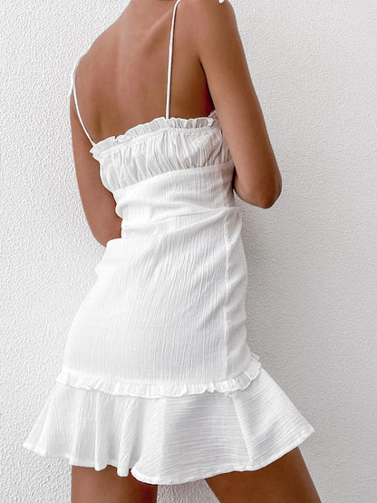 Little White Dress Tie Strap Buttons Front Backless Graduation Mini Dresses