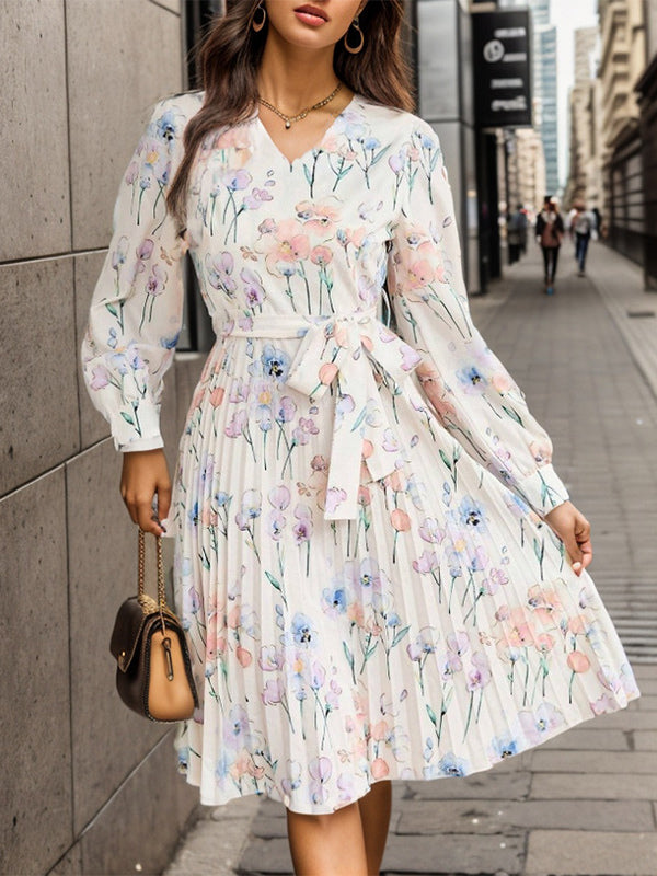 Floral Dress Midi Dress Floral Print Long Sleeves V-Neck Chic Irregular Sash Zipper No Open Seam Knee Length Summer