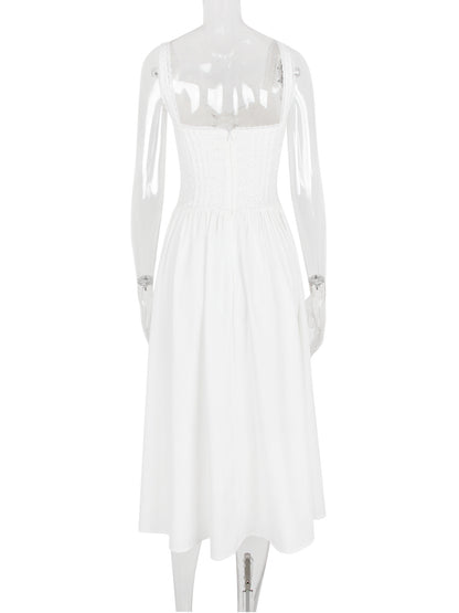 White Corset Dress Cutout Wide Strap Lace Trim Backless Party Midi Dresses