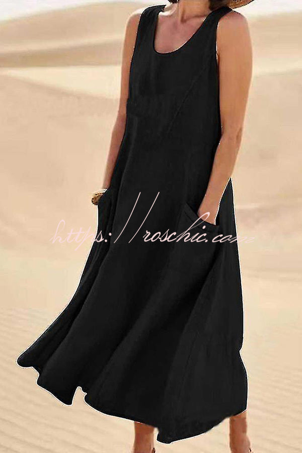 Solid Sleeveless Pocket Loose Comfort Midi Dress