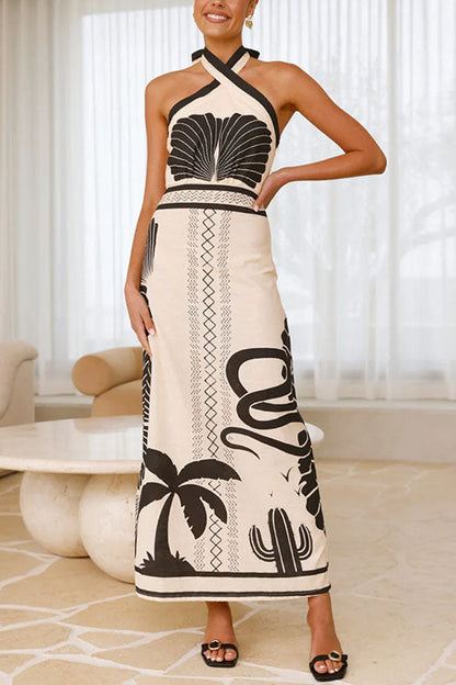 Palm Canyon Print Criss Cross Halter Maxi Dress