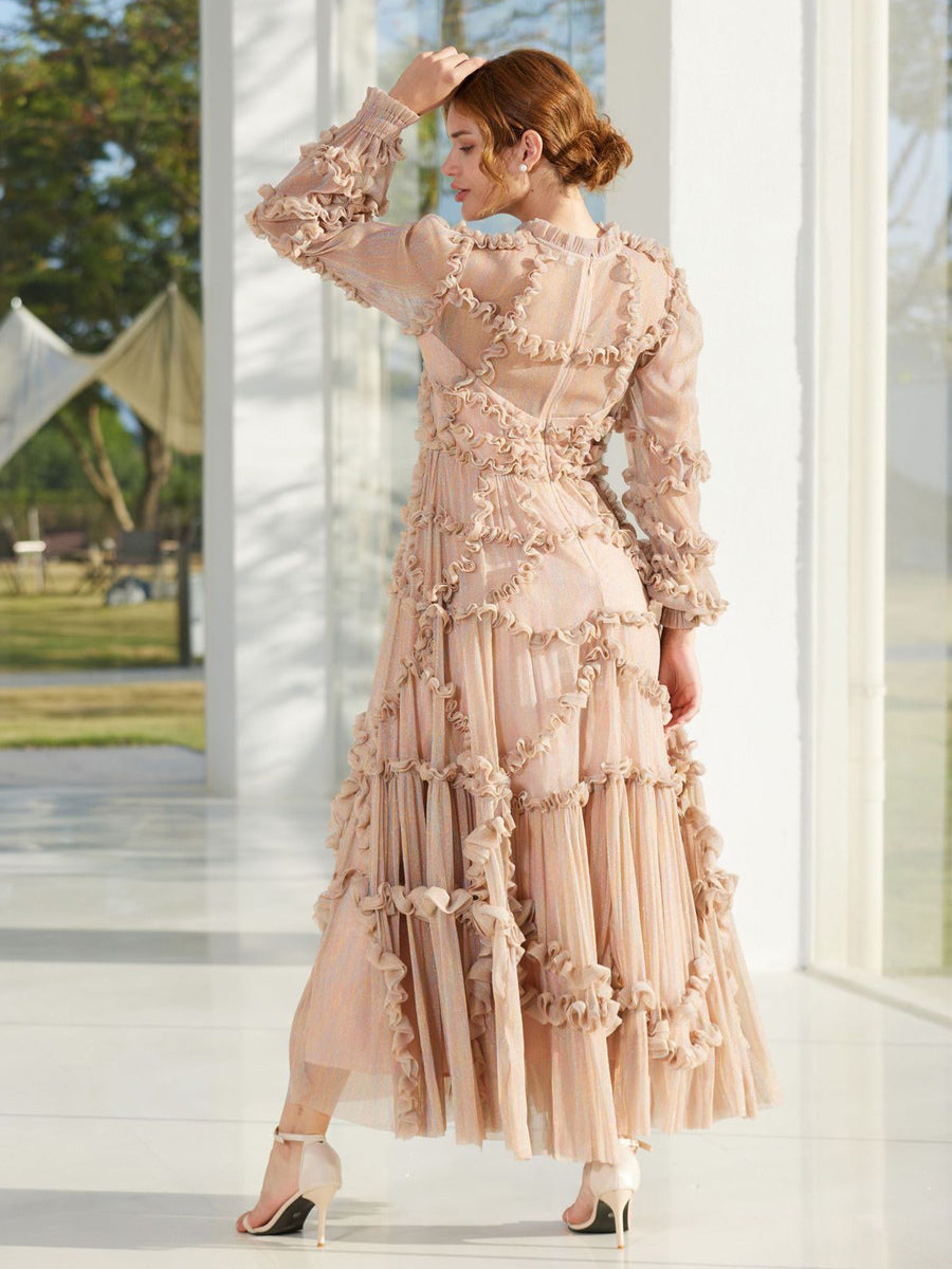 Ruffles Dress Illusion Long Sleeves High Collar Tulle Party Maxi Dresses