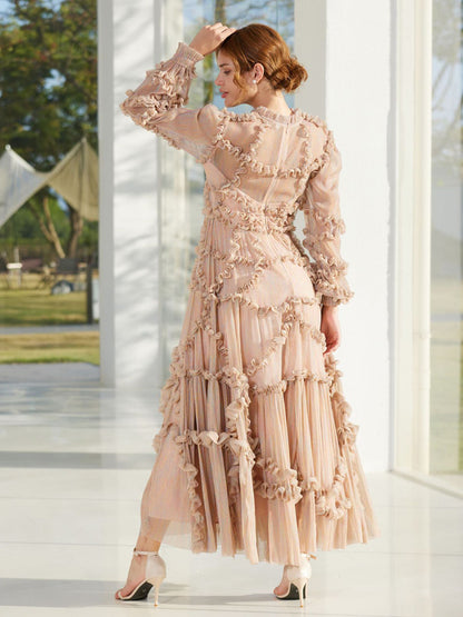 Ruffles Dress Illusion Long Sleeves High Collar Tulle Party Maxi Dresses