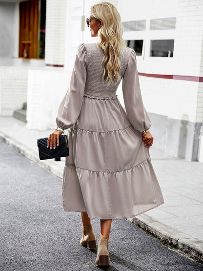 Midi Dresses V-Neck Long Sleeves Pleated Layered Chic Fit And Flare Dress