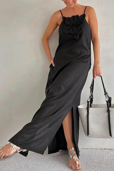 Linen Blend Floral Embellishment Pocketed Slit Maxi Dress