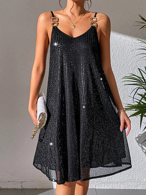 A-Line Loose Backless Mesh Sequined Shiny Split-Joint Spaghetti-Neck Mini Dresses