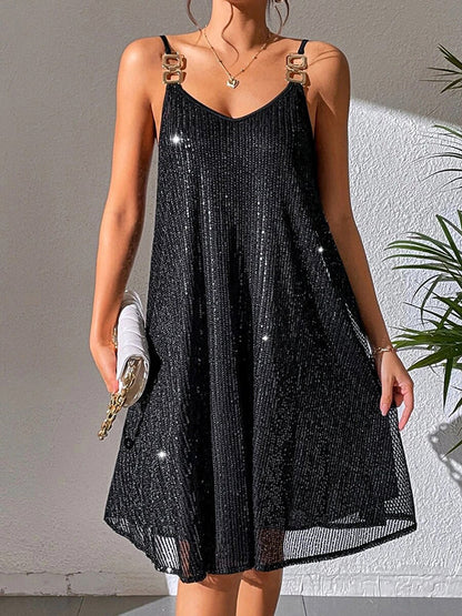 A-Line Loose Backless Mesh Sequined Shiny Split-Joint Spaghetti-Neck Mini Dresses
