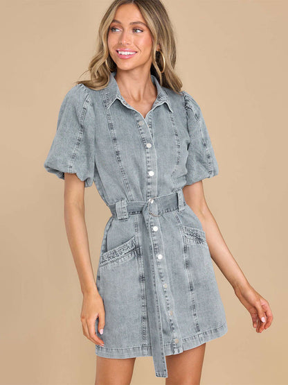 Summer Mini Dresses Light Sky Blue Turndown Collar Sash Denim Beach Dress