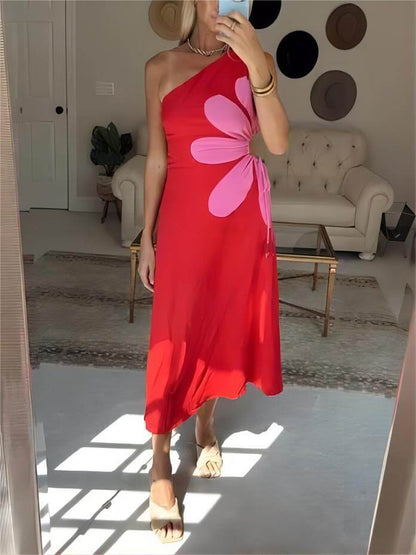 Poppy - Red Floral Print One-Shoulder Midi Dress
