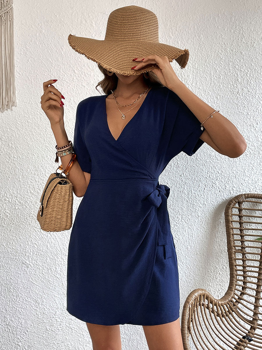Mini Dresses Dark Navy Short Sleeves Lace Up Short Dress