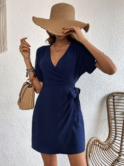 Mini Dresses Dark Navy Short Sleeves Lace Up Short Dress