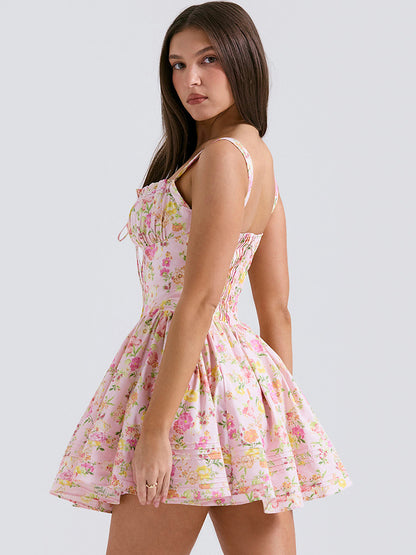 Floral Dress Mini Dresses Dresses Floral Print Lace Up Straps Neck Sleeveless No Open Seam Elegant Fall Short
