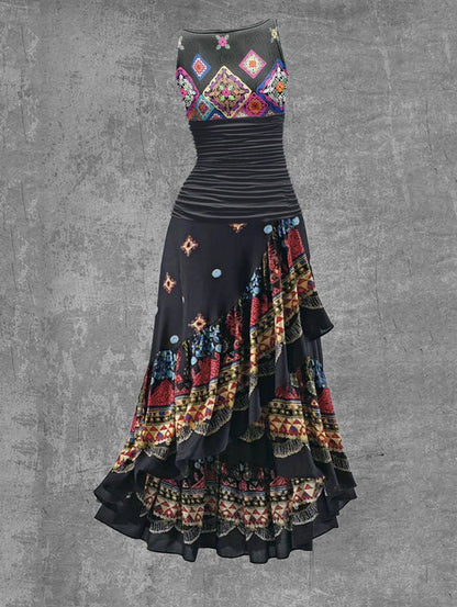 Boho Pattern Irregular Ruffle Hem Maxi Dress Sleeveless