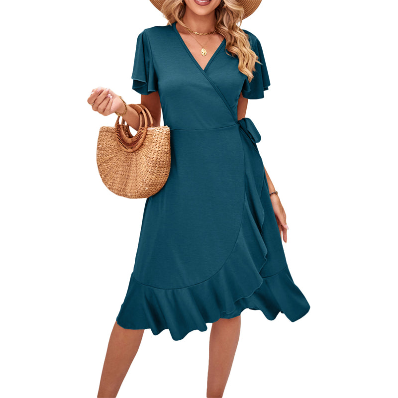 V-Neck Short Sleeve Irregular Midi Dress in Various Colors
