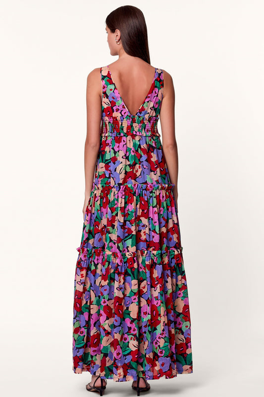 Floral Frill Sleeveless V-Neck Midi Dress