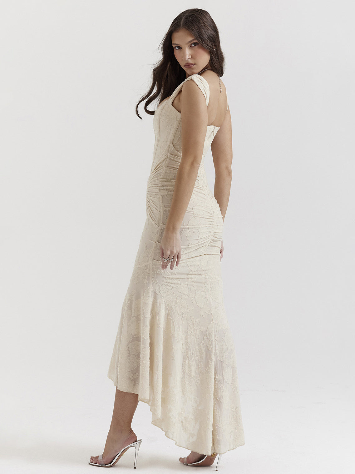 Lace Embellished Dress Sleeveless Gathered High-Low Prom Maxi Dresses