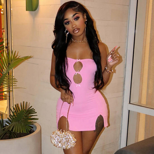 Y2K Sexy Mini Dress Women Summer Hottie Hollow Out Strapless Solid Color Pullover Dresses Streetwear 2024 Women Clothing