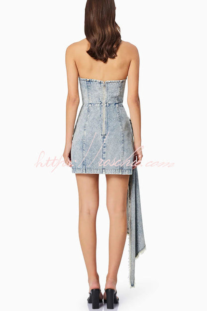 Giselle Washed Denim Floral Ruffle Pendant Strapless Stretch Mini Dress
