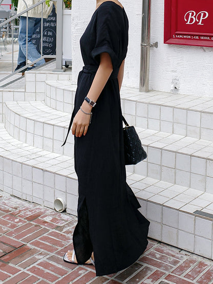 A-Line Loose Hollow Solid Color Split-Side Tied Waist V-Neck Midi Dresses