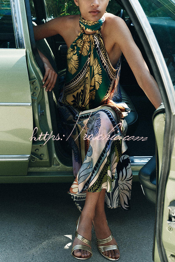 Unique Printed Halterneck Sleeveless Loose Lace-up Midi Dress