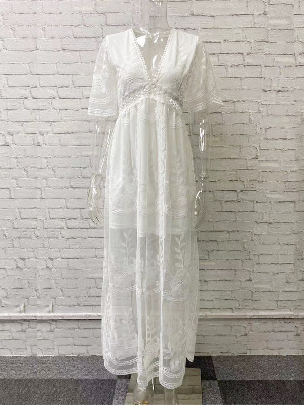 White Long Dress Lace Sexy V Neck Short Sleeves Boho Maxi Dresses