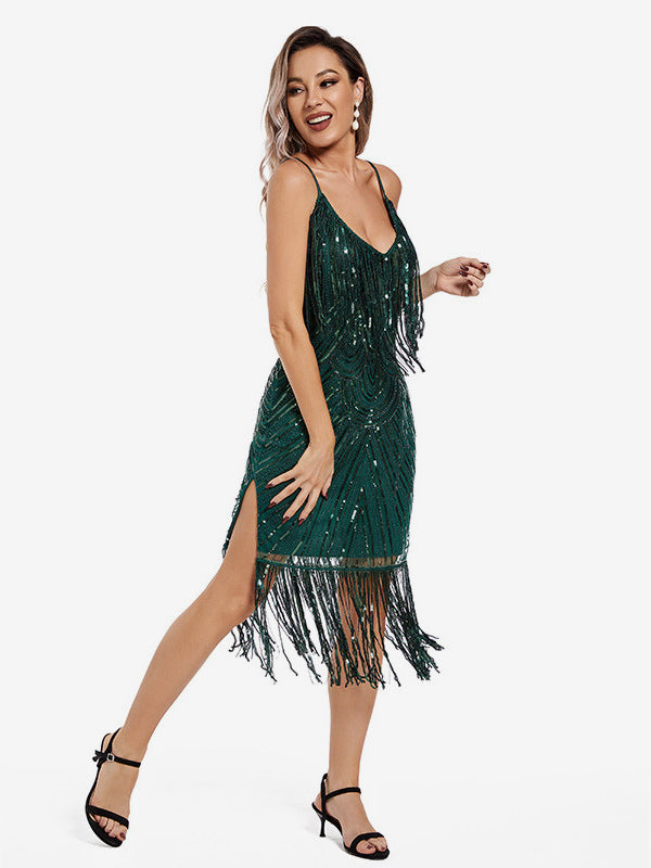 Gold Retro Dress Sequins Sleeveless Fringe Short Swing Mini Dresses