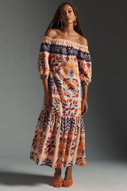 Botanical Print Off-Shoulder Midi Dress