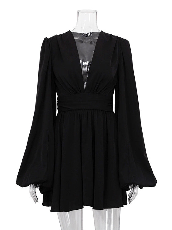 Skater Dresses V-Neck Long Sleeves Pleated Sexy Flared Dress Mini Dresses