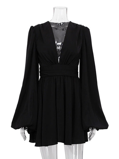 Skater Dresses V-Neck Long Sleeves Pleated Sexy Flared Dress Mini Dresses