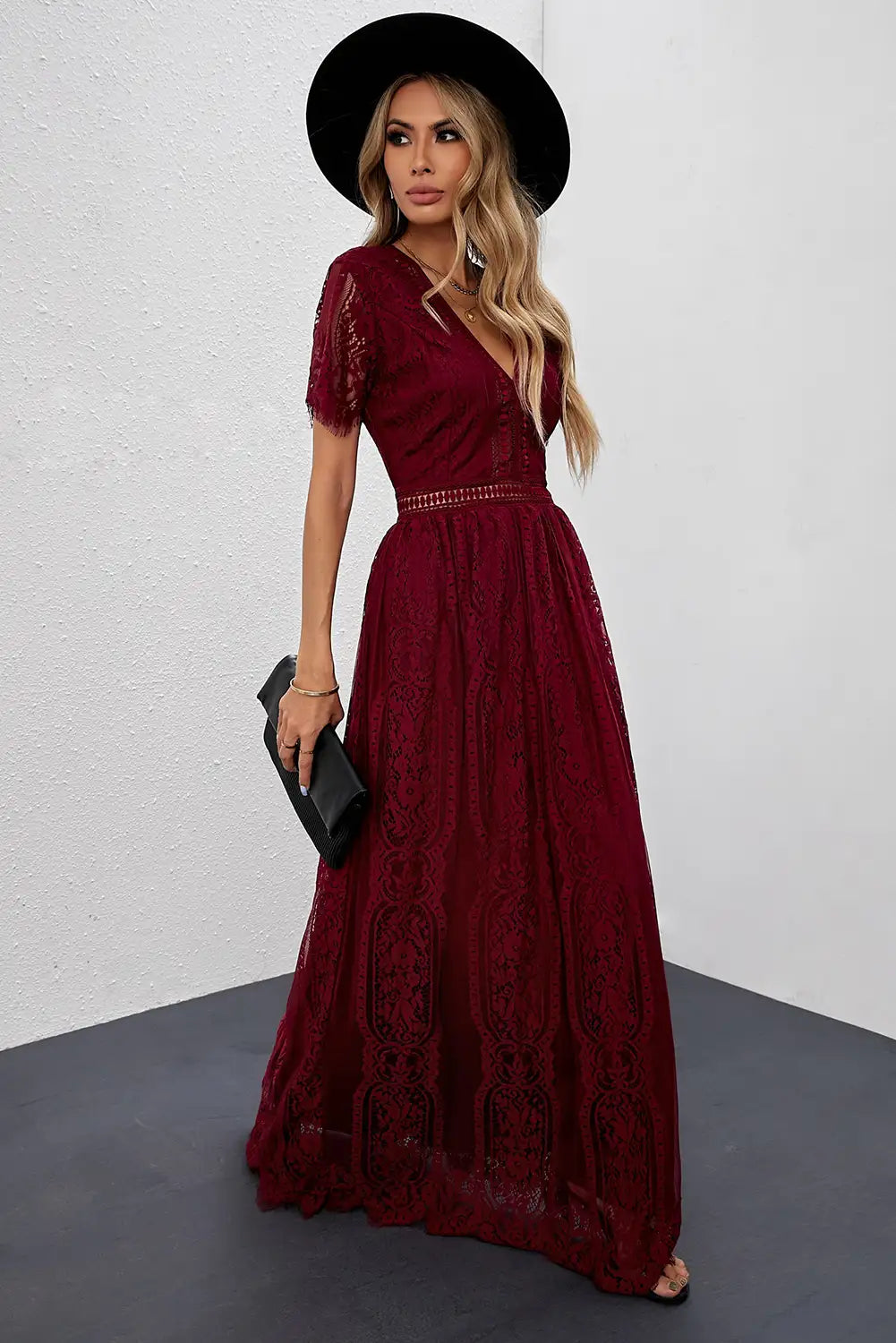 fiery red lace maxi dress
