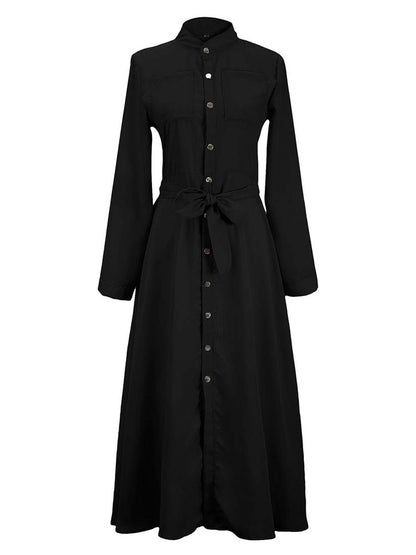 Women Maxi Dresses High Rise Stand Collar Buttons Long Sleeves Floor Length Shirt Dress