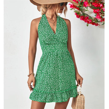 Stylish Halter Neck Open Back Ruffle Mini Dress