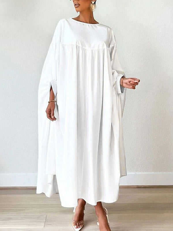 Batwing Sleeves Loose Pleated Solid Color Split-Joint Round-Neck Maxi Dresses