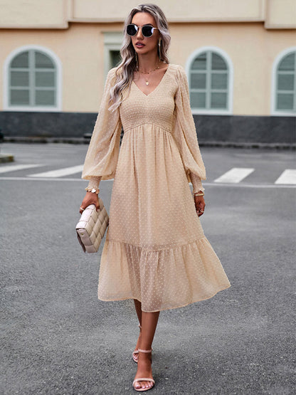 Midi Dress Layered V-Neck Long Sleeves Fall Dresses