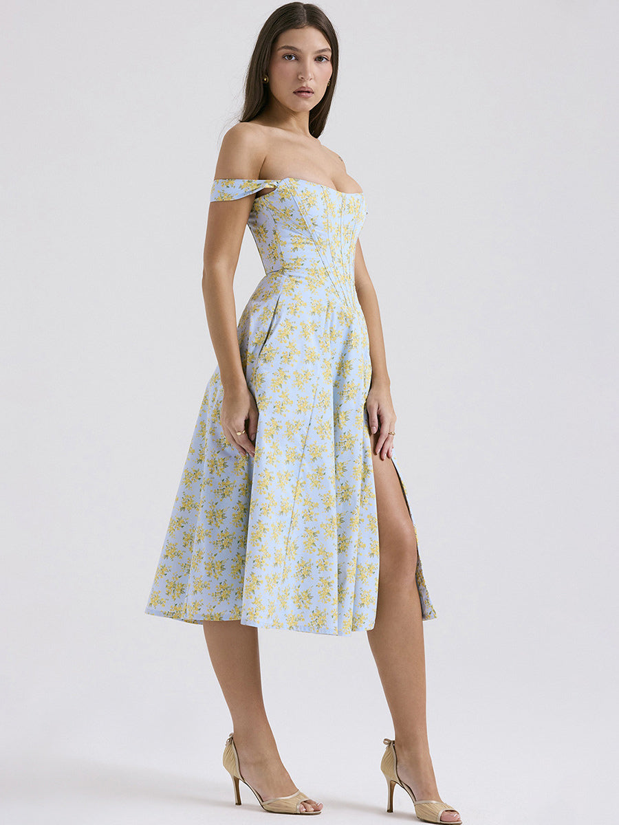 Corset Dress Floral Wide Strap Backless Lace Up Slit Sexy Party Midi Dresses
