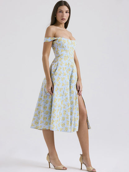 Corset Dress Floral Wide Strap Backless Lace Up Slit Sexy Party Midi Dresses