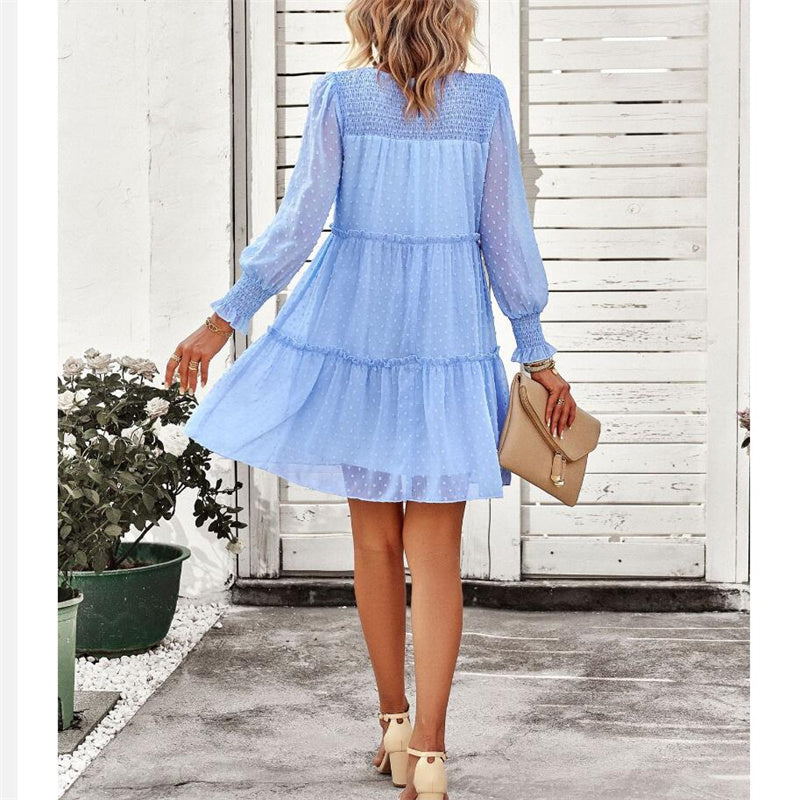 Swiss Dot Round Neck Mini Dress in Black, Blue, Green, Pink